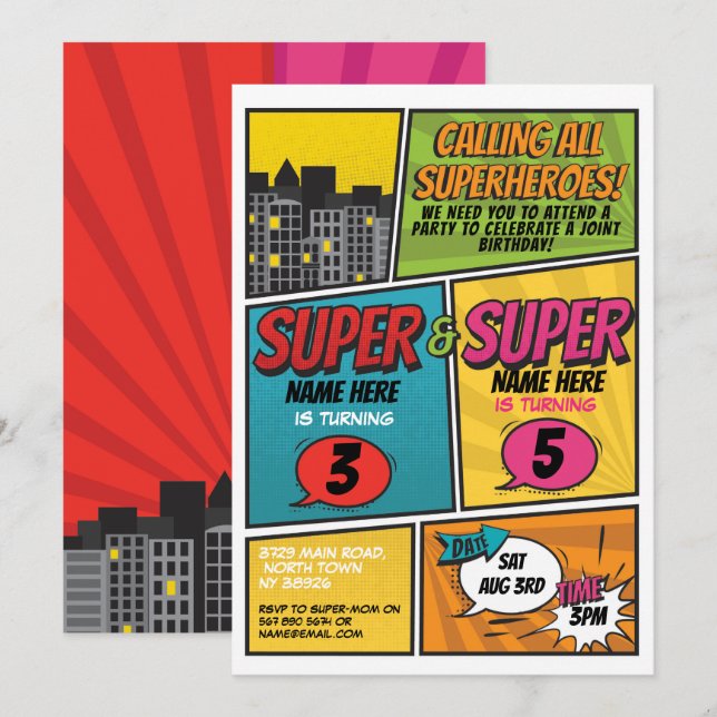 Superhero Invitation Shared Joint Party Boys Girls (Front/Back)