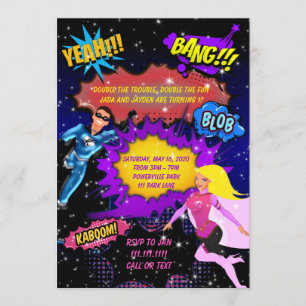Superhero Invitation, Twins Birthday Invitation