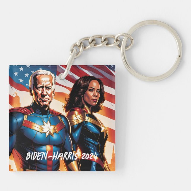 Superhero Joe Biden and Kamala Harris  Key Ring (Back)