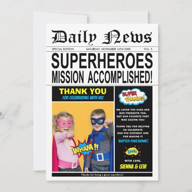 Superhero Joint Twins Birthday Boy Girl Photo Thank You Card (Front)