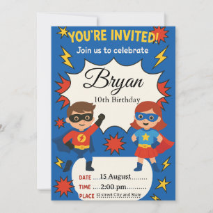 Superhero Kids Birthday Invitation   Comic Style B