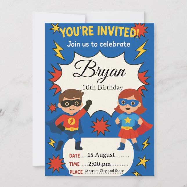 Superhero Kids Birthday Invitation | Comic Style B (Front)