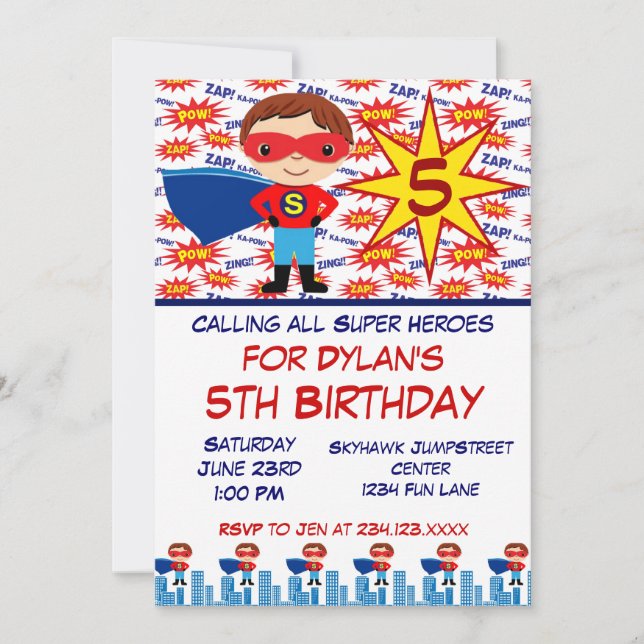 Superhero Kids Birthday Party Invitations for Boys (Front)