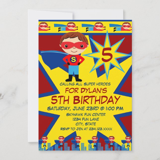 Superhero Kids Boys Birthday Party Invitation Red (Front)