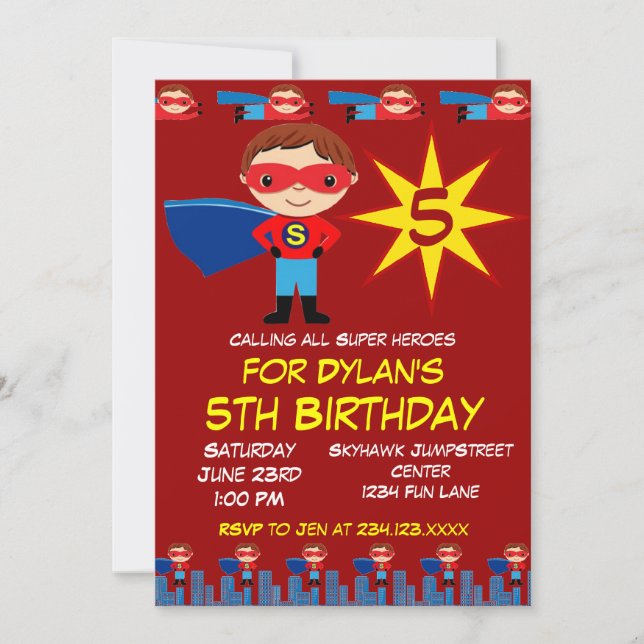 Superhero Kids Boys Birthday Party Invitations Red (Front)