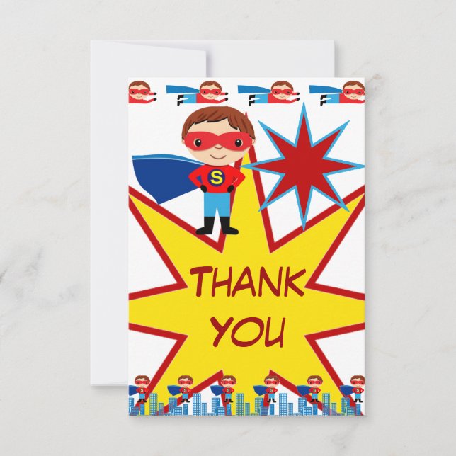 Superhero Kids Boys Birthday Party Thank You Cards (Front)