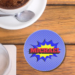 Superhero kids comic book personalised name coaster<br><div class="desc">Kids love superheroes. I have created this design template for our kids. Add your name and be a superkid!</div>