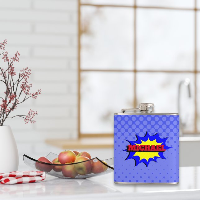 Superhero Kids Comic Book Personalised Name Hip Flask (Creator Uploaded)