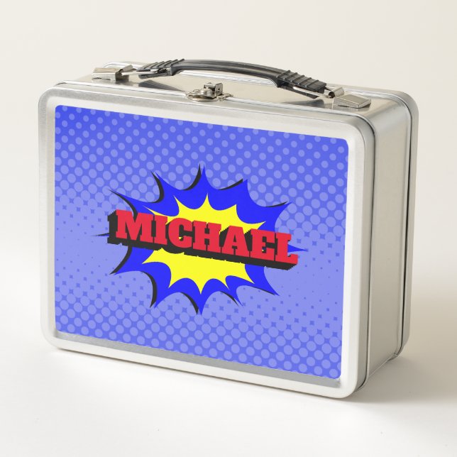 Superhero Kids Comic Book Personalised Name Metal Lunch Box (Front)
