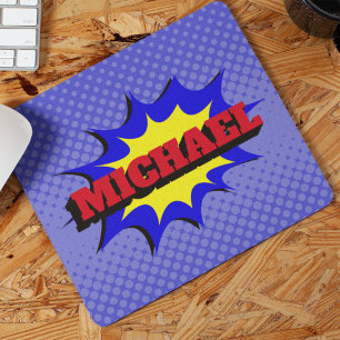 Superhero kids comic book personalised name  mouse mat