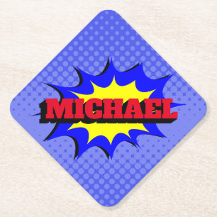 Superhero Kids Comic Book Personalised Name Paper Coaster