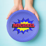 Superhero Kids Comic Book Personalised Name Paper Plate<br><div class="desc">This superhero kids comic book style name monogram is a unique and eye-catching way to display your name. It is inspired from comic books This design features name in a bold, stylised font that resembles the typography found in comic books and gives off a retro and fun vibe. This type...</div>