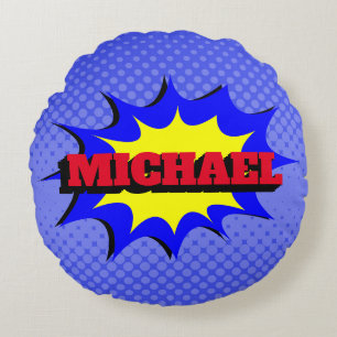 Superhero Kids Comic Book Personalised Name Round Cushion