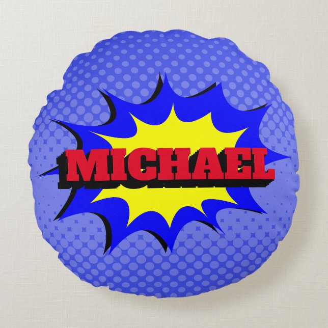Superhero Kids Comic Book Personalised Name Round Cushion (Front)