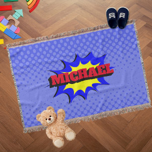 Superhero Kids Comic Book Personalised Name Throw Blanket