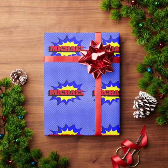 Superhero Kids Comic Book Personalised Name Wrapping Paper (Holiday Gift)