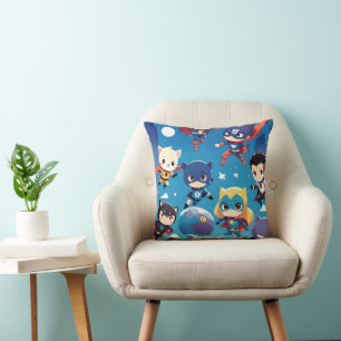 Superhero kids flying high cushion
