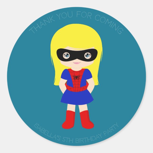 Superhero Kids Girls Birthday Party Blue Sticker (Front)