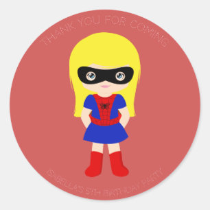 Superhero Kids Girls Birthday Party Red Sticker