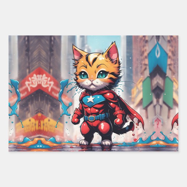 Superhero Kitty  Wrapping Paper Sheet (Front)
