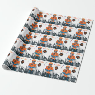 Superhero Muscle Man Orange Greatest Fun Birthday Wrapping Paper