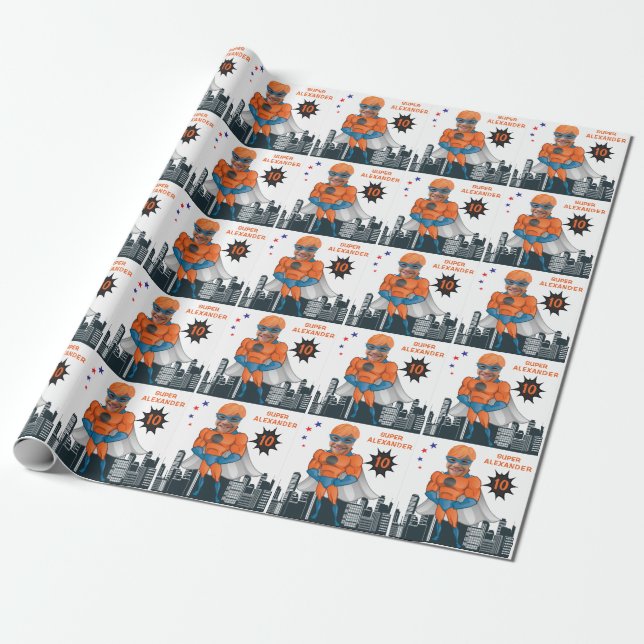 Superhero Muscle Man Orange Greatest Fun Birthday Wrapping Paper (Unrolled)
