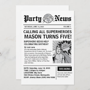 Superhero Newspaper Birthday Invitation