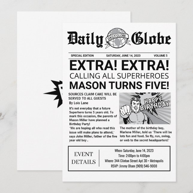 Superhero Newspaper Birthday Invitation (Front/Back)