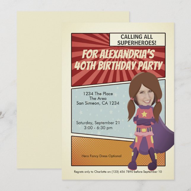 Superhero Old Comic Birthday Party (brunette) Invitation (Front/Back)