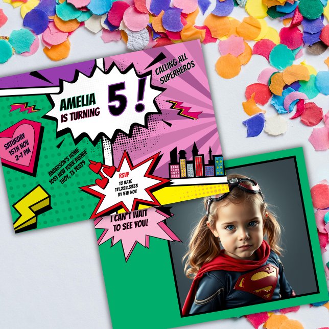 Superhero Party Comic Book Birthday Photo Girl Invitation (Creator Uploaded)