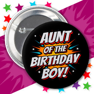 Superhero Party Comics Aunt of Birthday Boy 6 Cm Round Badge