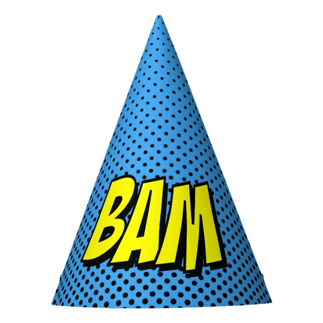 Superhero Party Hat - Blue Black Dot BAM (Front)