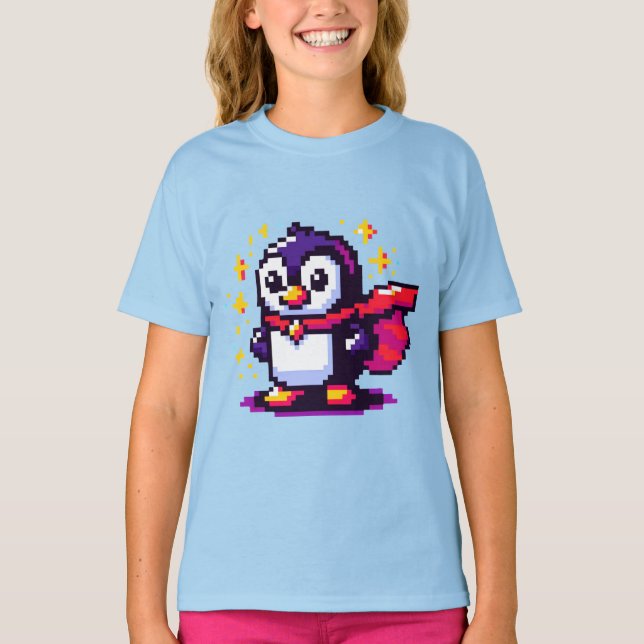 Superhero Penguin Cute Pixel Art Character Design T-Shirt (Front)