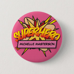 SUPERHERO Personalised Comic Book Pink 6 Cm Round Badge