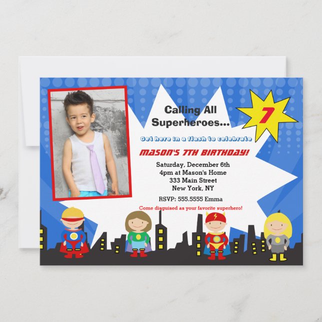 Superhero Photo Birthday Party Invitations (Front)