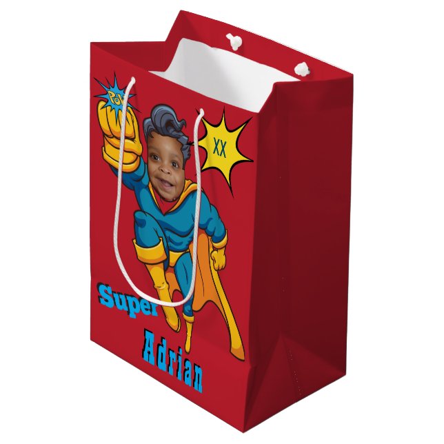 Superhero Photo Justice Template Birthday Medium Gift Bag (Front Angled)