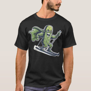 Superhero Pickle On Skis Funny Winter Alpine Run T-Shirt