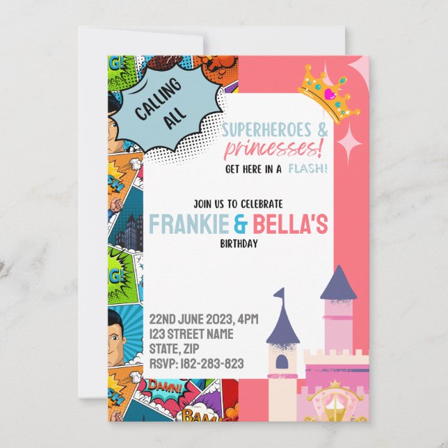 Superhero & Princess Custom Birthday Invitations (Front)