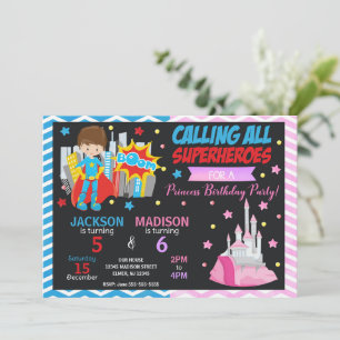 Superhero & Princess Joint Birthday Invitation
