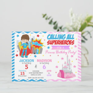Superhero & Princess Joint Birthday Invitation