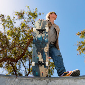 Superhero Skateboard Flying Over the City
