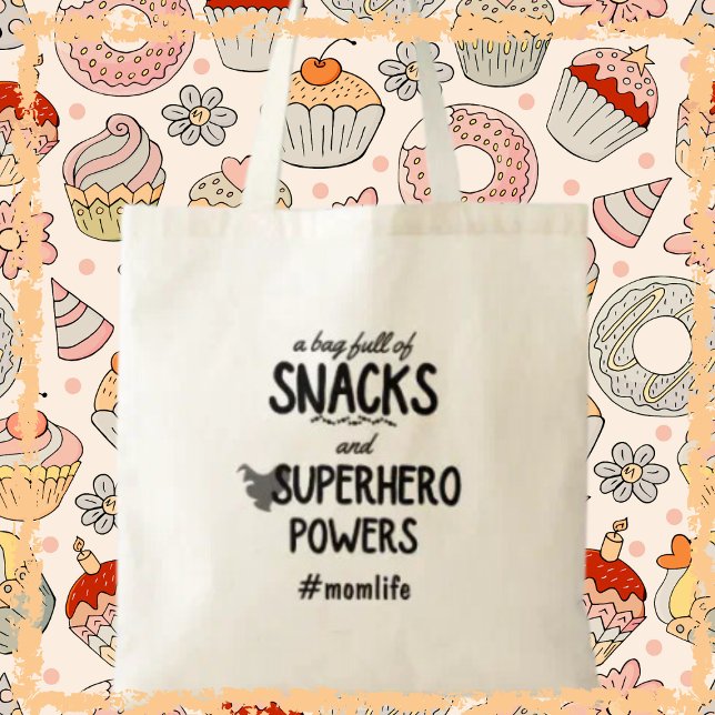 Superhero & Snacks Mum Funny Momlife Mother's Day  Tote Bag (Embrace the superhero within every mom and give the gift of convenience and style!)