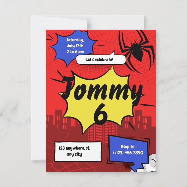 Superhero Spider Birthday Invitation Kids Party  (Front)