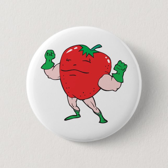 superhero strawberry cartoon character 6 cm round badge (Front)