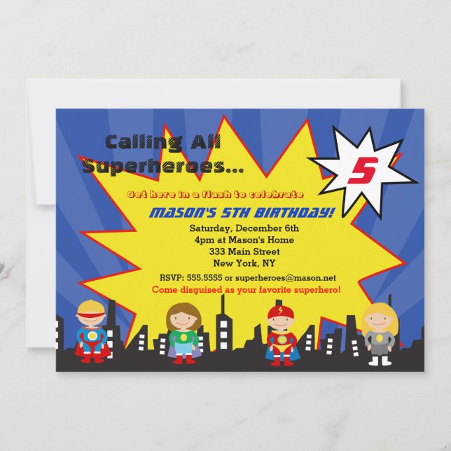 Superhero Super Hero Birthday Party Invitations (Front)