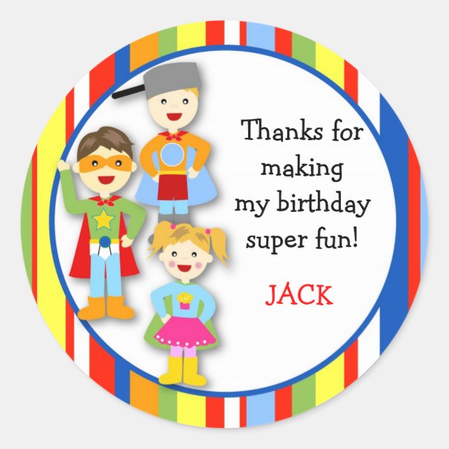 Superhero Super Hero Round Favour Stickers Seals (Front)