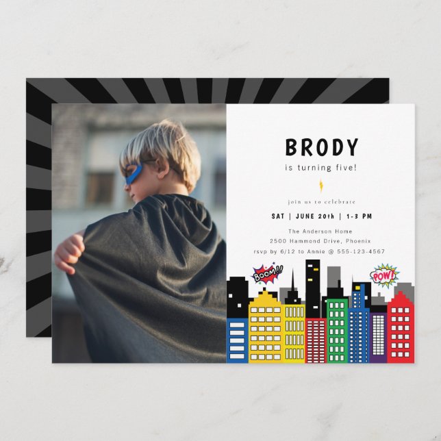 Superhero Theme Birthday Photo Invitation (Front/Back)