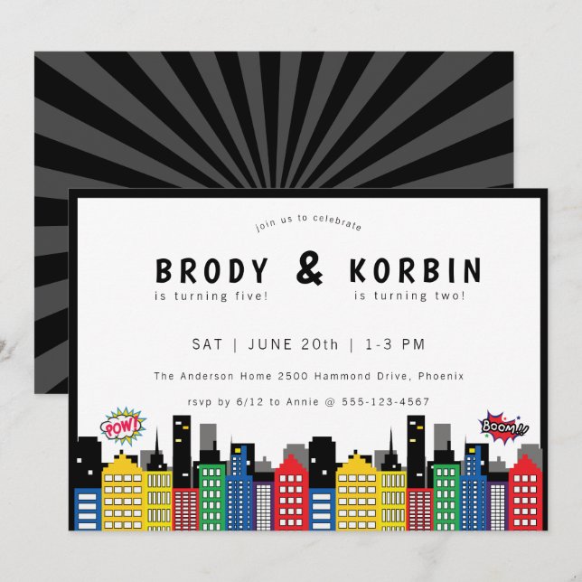 Superhero Theme Joint Birthday Invitation (Front/Back)