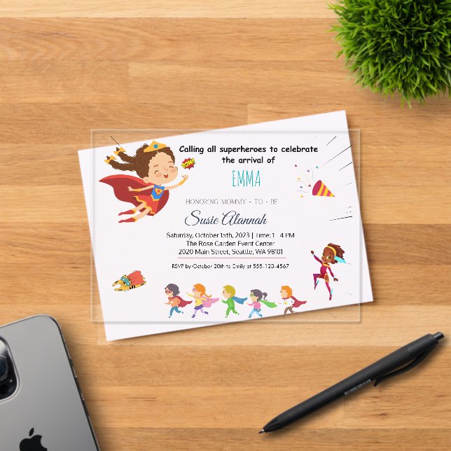 Superhero-Themed Baby Girl Shower Acrylic Invitations (Insitu (Invitation Card))