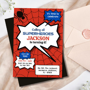 Superhero themed red & black spider 6th birthday  invitation
